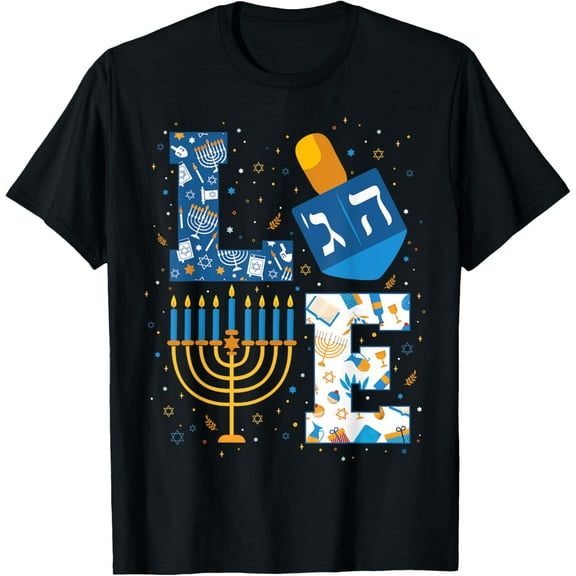 t-shirt Hanukkah love with menorah for jewish christmas holiday T-Shirt mens,black,women,funny,journey,Crew Neck, Short Sleeve,custom clothing patterns.gift