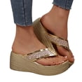thumbnail image 1 of Women's Rhinestone Platform Wedge Flip Flops Comfortable Non Slip Slide Sandals Clip Toe Glitter Slippers Gold Size 7, 1 of 7