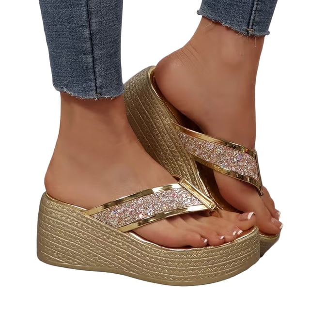 Women's Rhinestone Platform Wedge Flip Flops Comfortable Non Slip Slide Sandals Clip Toe Glitter Slippers Gold Size 7