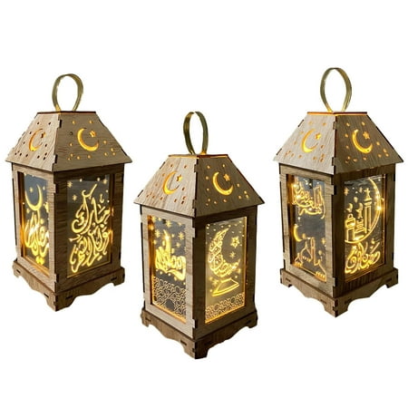 

LED Ramadan Lights-Wooden Decorative Lantern for Eid Ramadan Mubarak-Decorative Led Night Light-Home Hangings Lanterns Decorative Indoor for Bedroom
