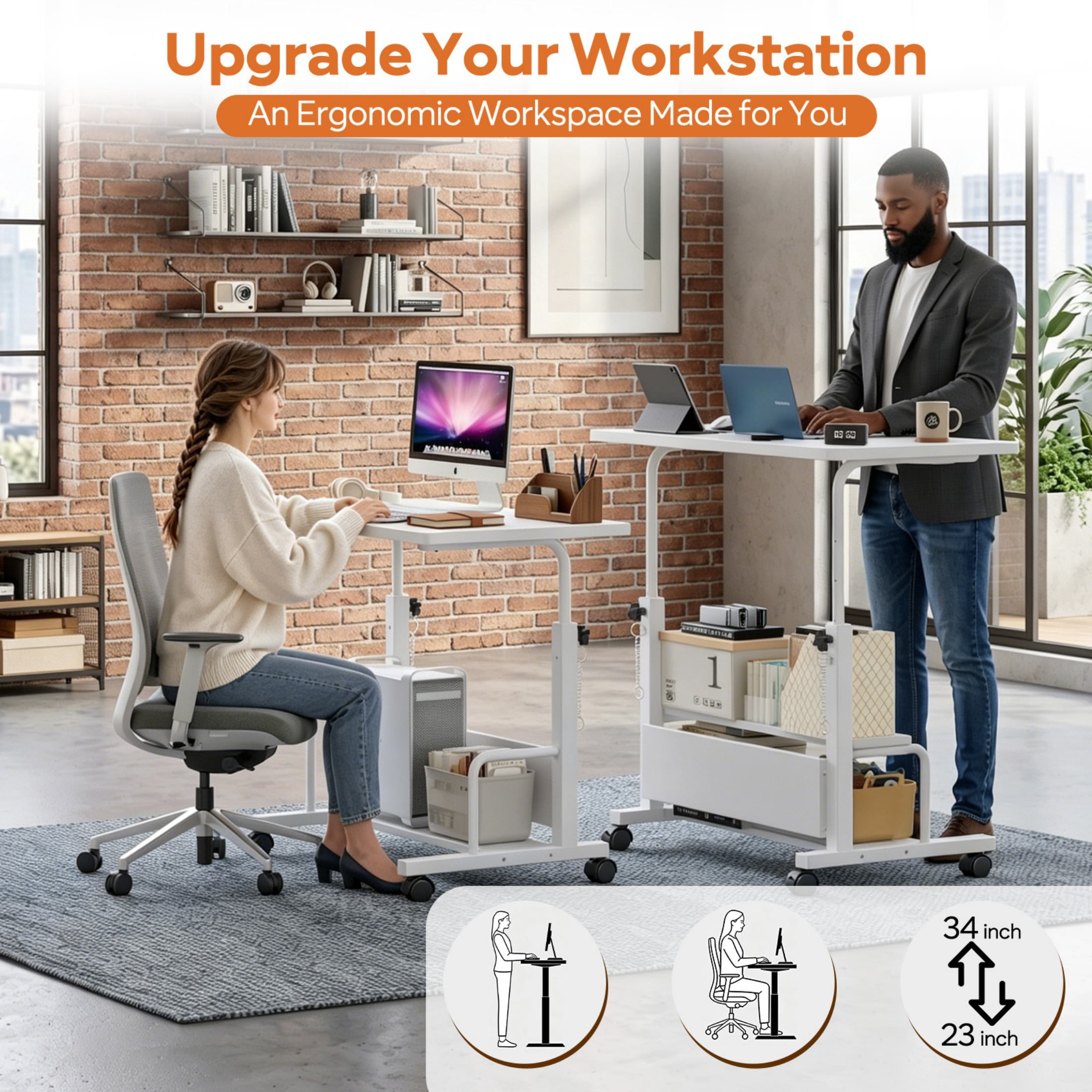 CONCETTA 31.5'' Adjustable Height Rolling Computer Desk with Storage Shelves, Portable Mobile Desk for Small Spaces Home Office, White