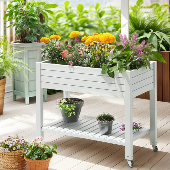Uforic Large Resin Patio Planter Box,Outdoor Raised Garden Bed with Drain Plug& Water Monitor and Lockable Wheels,3.6x1.5x2.8FT,White