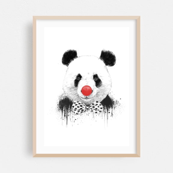 Clown Panda - Illustration Humor Animal Pop Art Modern Art Whimsical Oak Framed Wall Art Print 12 x 16 inches