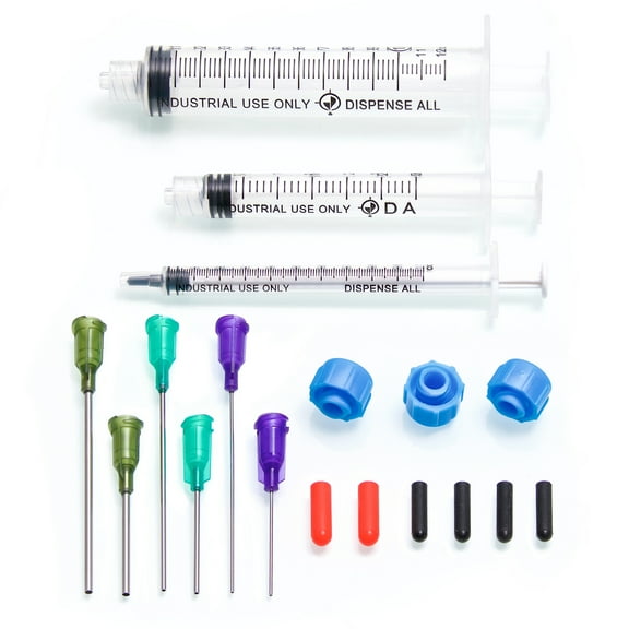 Dispense All - K2-3PK All-Purpose Industrial Kit - 1ml/3ml/10ml with 1 & 2 inch 14, 18, & 21 Gauge Dispensing Tips, Caps and Tip Covers