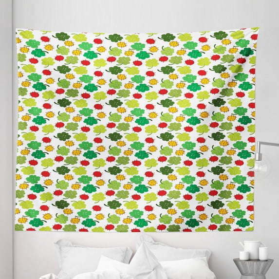 Ladybug Tapestry, Clover Leaves with Ladybugs Floral Celebration Saint Patrick Day Holiday Pattern, Fabric Wall Hanging Decor for Bedroom Living Room Dorm, 5 Sizes, Multicolor, by Ambesonne