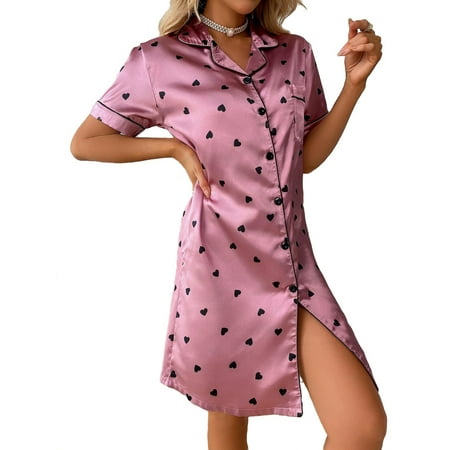 

Elegant All Over Print Lapel Neck Sleepshirts Short Sleeve Dusty Pink Women s Nightgowns (Women s)