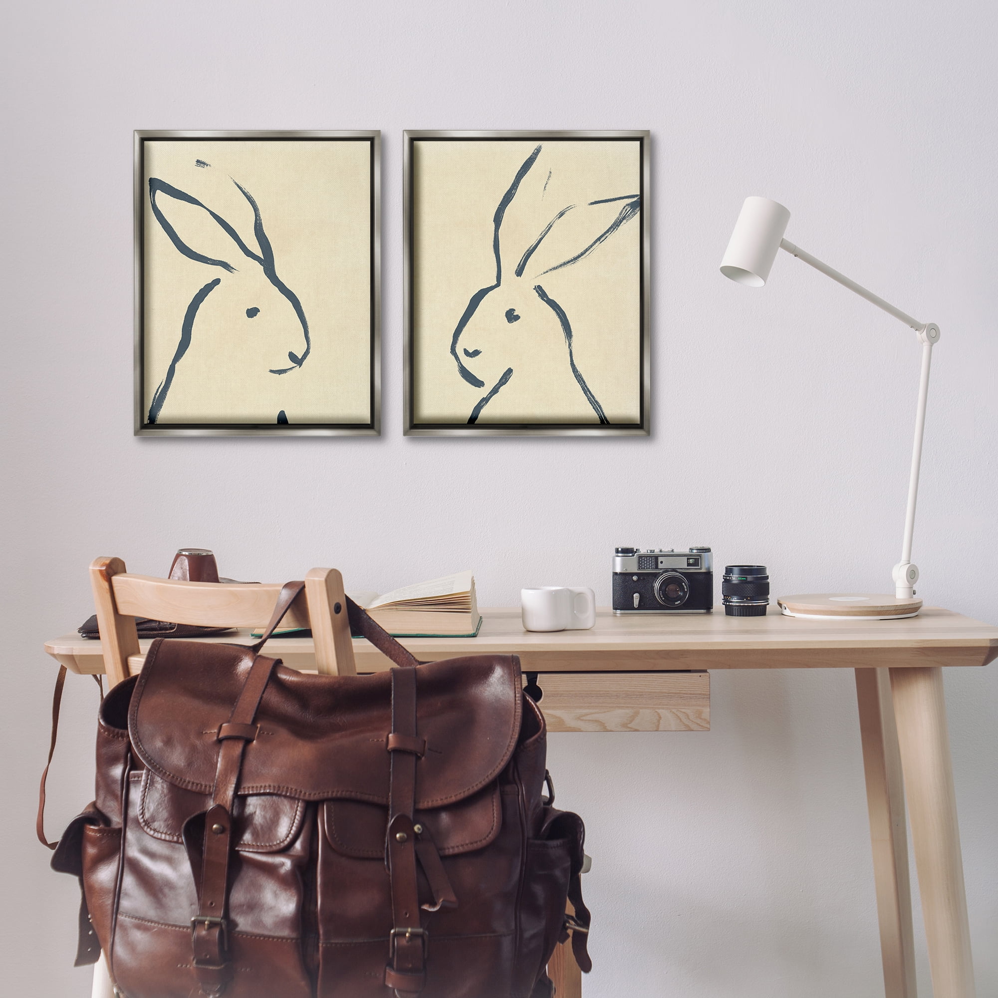 Stupell Industries Minimalist Rabbit Line Portrait Animals Drawing Gray Floater Framed Canvas Art Print Wall Art, 17 x 21, Set of 2