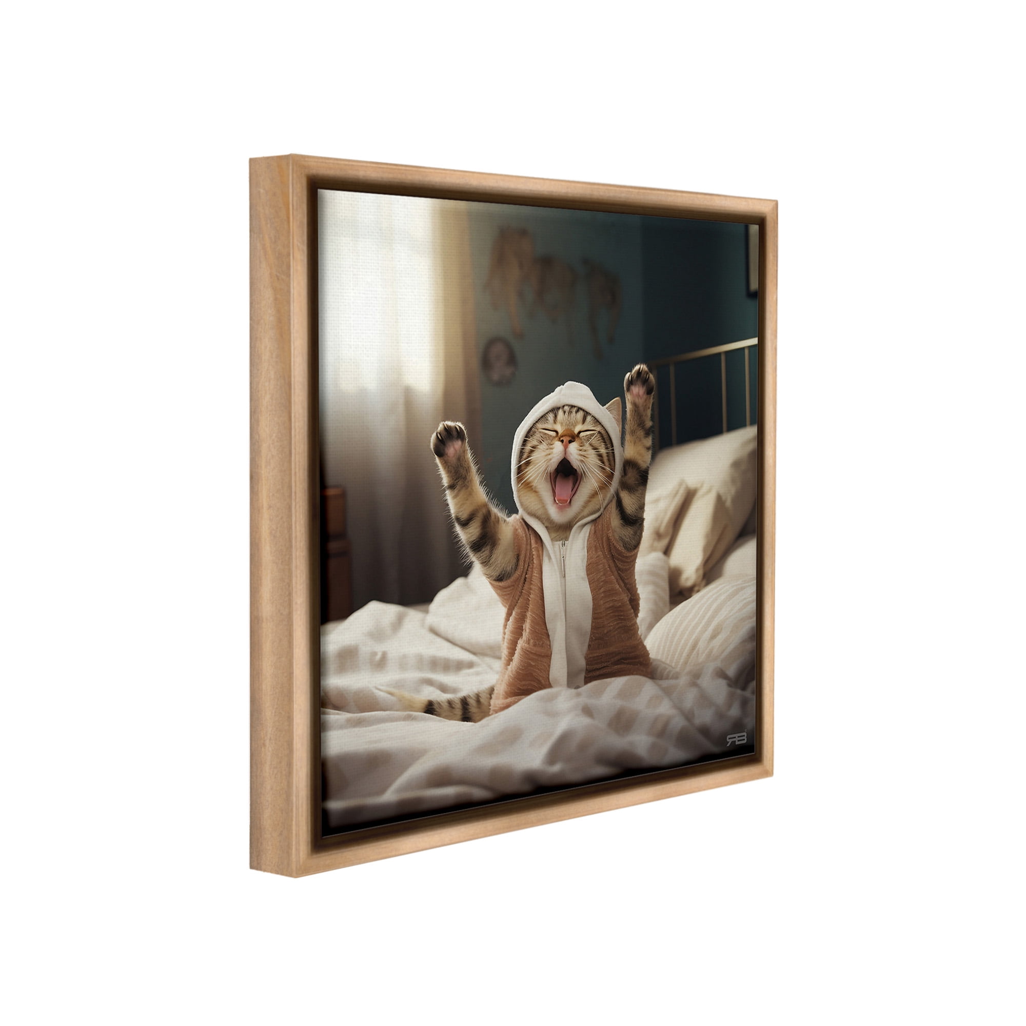 Stupell Industries Yawning Cat in Bed Animals & Insects Painting Brown Floater Framed Canvas Art Print Wall Art, 25 x 25
