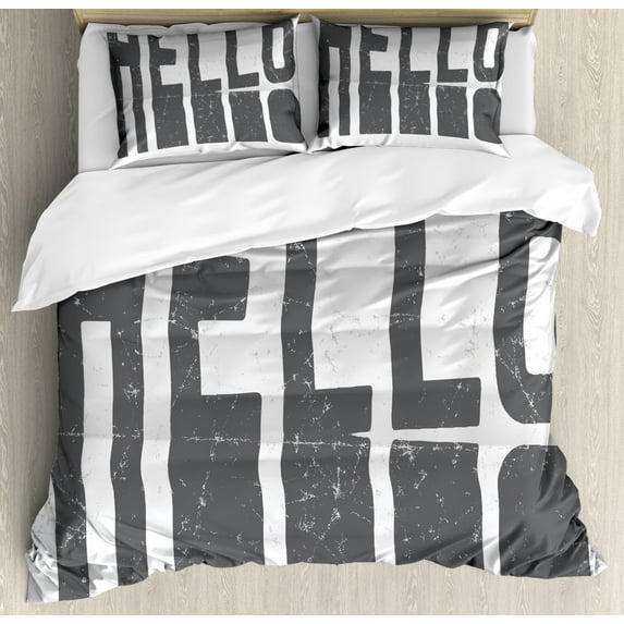 Glitch Duvet Cover Set Queen Size, Grunge Look Hello Typographic Creative Design Contemporary Art Illustration, Decorative 3 Piece Bedding Set with 2 Pillow Shams, Grey and White, by Ambesonne