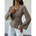 thumbnail image 4 of Women'S Wrap V Neck Work Blouses Dressy Casual Asymmetrical Pleated Business Tops Brown S, 4 of 9