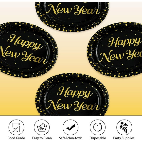 YUYAN-50Pcs Happy New Year 2026 Oval Paper Plates 10" x 12" Large Heavy Duty Disposable Black Gold 2026 Dessert Themed Decorations for Winter New Year Eve Xmas Holiday Wedding Birthday Party Supplies