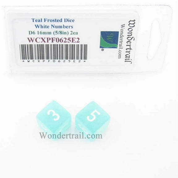 Teal Frosted Dice with White Numbers D6 Aprox 16mm (5/8in) Pack of 2