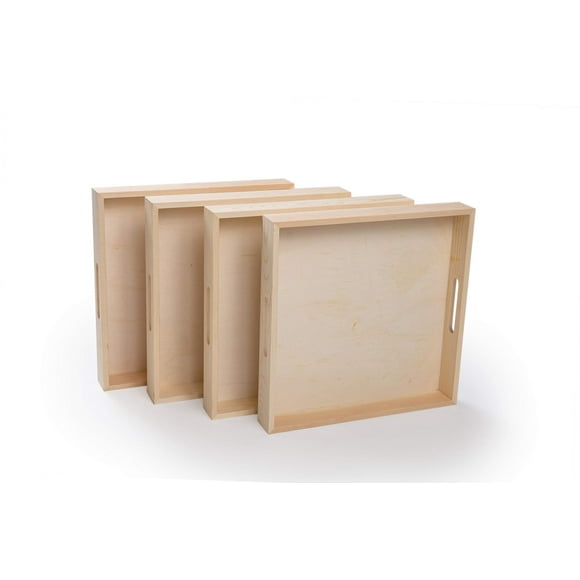 Wooden Living - Wood Tray/Wooden Trays | Square Serving Boxes with Handles - Unfinished &amp; Small | for Montessori Materials, Crafts to Paint, Decor, Shelf, Activity (12 x 12 x 1.5, Pack
