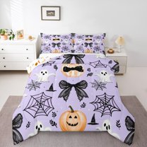 Manfei Cartoon Halloween Ghost Full Size Comforter Sets,Trick Or Treat Bedding Comforter Set,Black Bow Spider Webs Bedding Sets For Teens ,Microfiber Bedroom Decor Reversible,3 Pieces