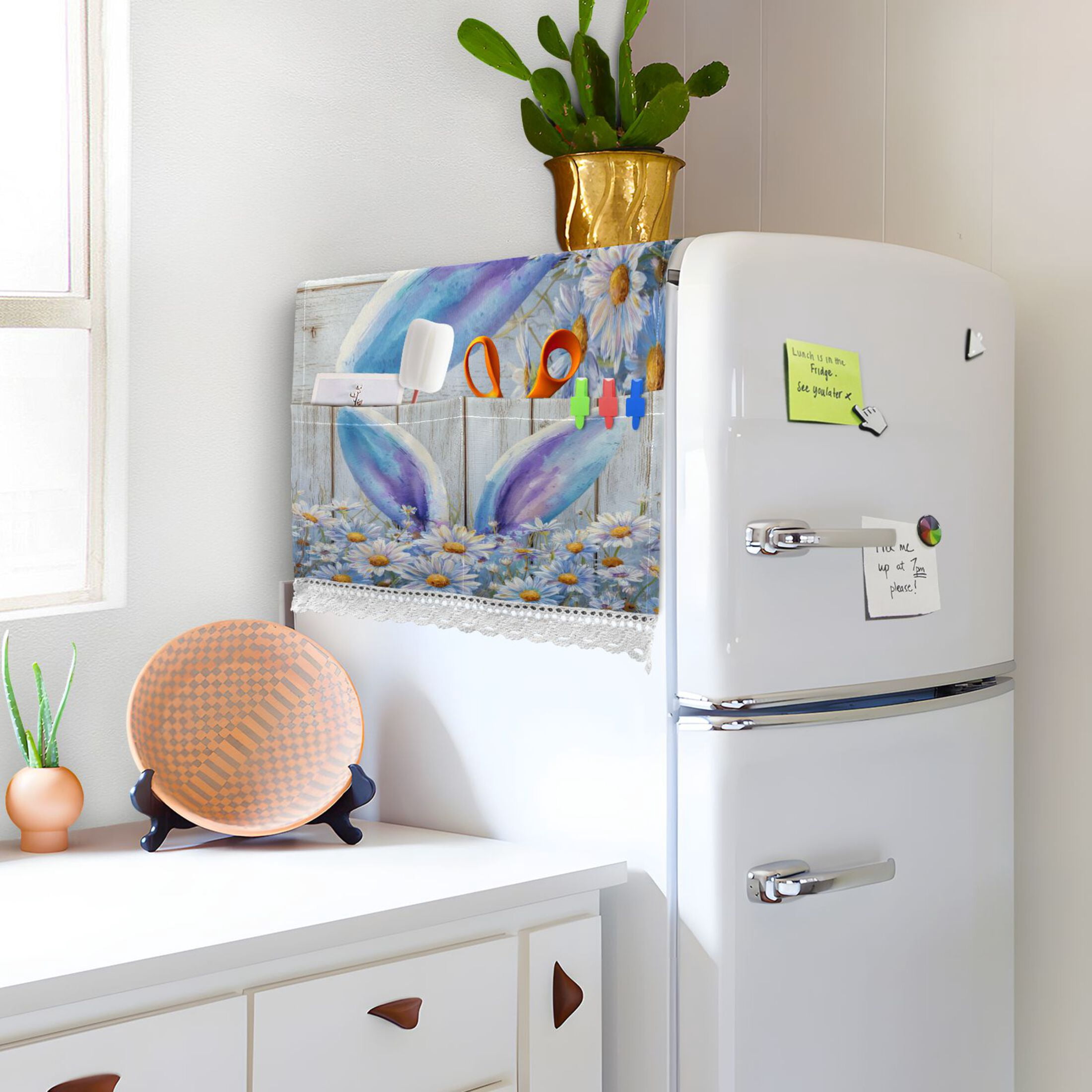 Wobogo Bunny Ears Daisy Washing Machine Cover Dustproof Washer Dryer Cover Waterproof Laundry Room Decorative Protector