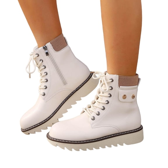 Rokment Retro Platform Chunky Combat Boots for Women Casual Studded Leather Lace up Motorcycle Riding Ankle Booties with Side Zipper Fall Winter