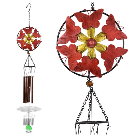 CoTa Global Red Butterflies Hanging Metal Wind Spinner Wind Chime - Relaxing Harmonic Indoor or Outdoor Wind Spinner for Yard, Garden, Porch Patio, Beautiful Unique Art Ornament Mobile - 40 Inches