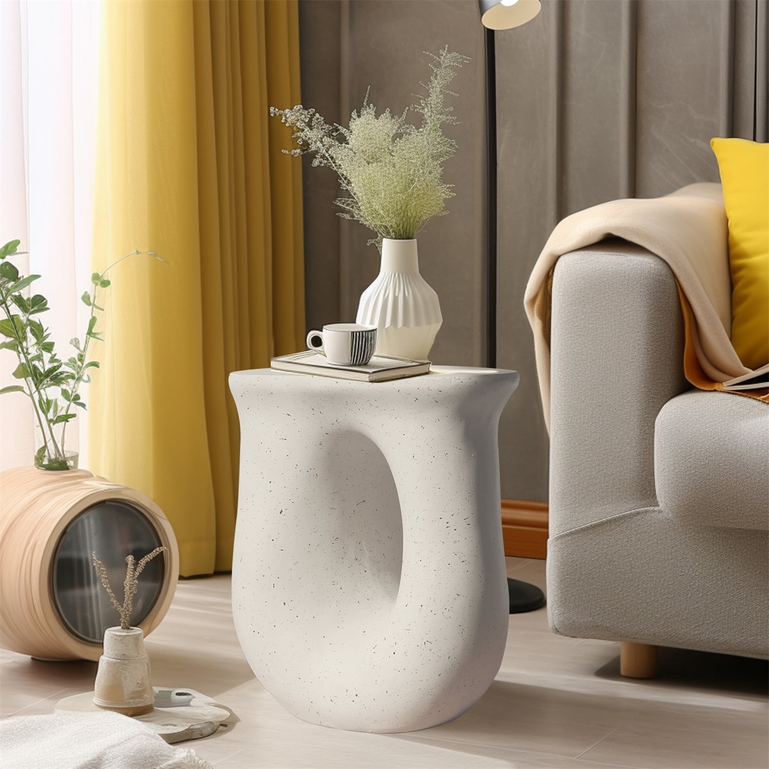Geometric Lightweight Concrete  Side End Table for Living Room Bedroom Storage, 16.7x12.9x17.7 inch,U-Shaped
