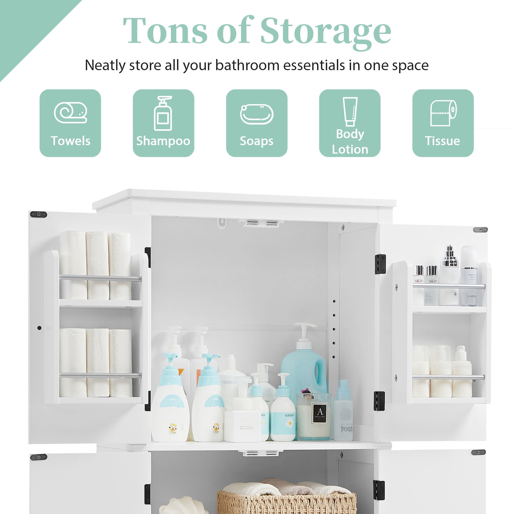 Alvantor Bathroom Cabinet with Adjustable Shelf, Freestanding Wooden Storage Cabinet for Living Room White