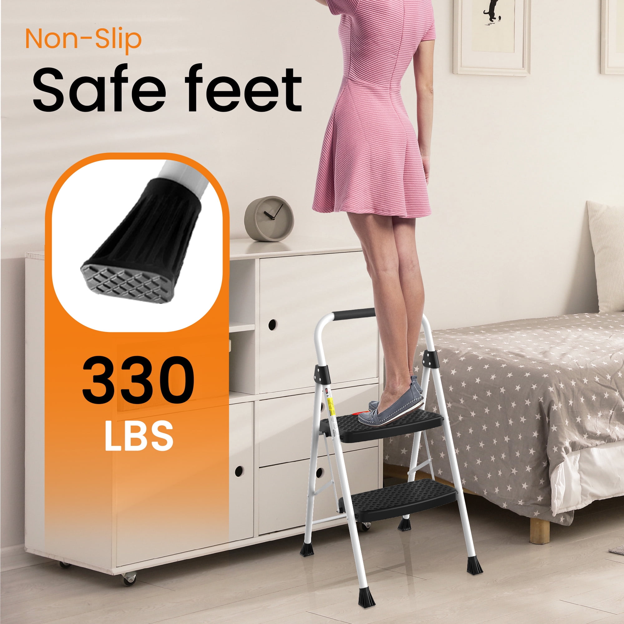 HBTower 2 Step Folding Ladder, Household Step Stool with Snap-Lock Design, 330 lbs Capacity, Lightweight Sturdy Steel, White