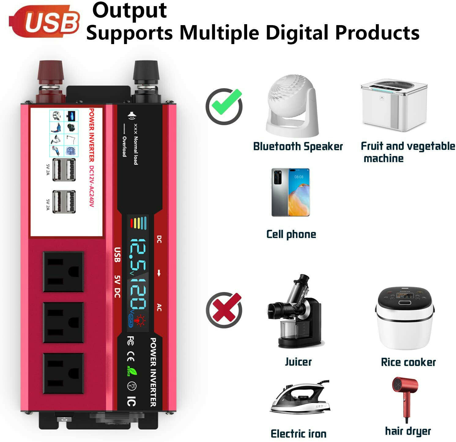 1000W Car Power Inverter 500W DC 12V to AC 110V Pure Sine Wave Solar Converter