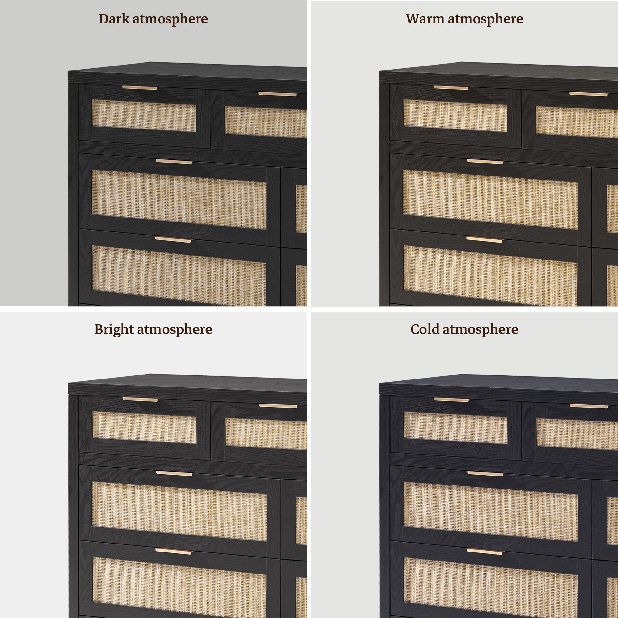 SICOTAS 56.88" Wide 7 Drawer Tall Dressers, Boho Dresser with Oversized Storage Space Rattan Dressers & Chests of Drawer Engineered Wooden Dressers for Bedroom,Black Oak