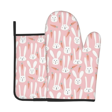 

Junzan Cute Rabbit Carrot Pattern Oven Mitts and Pot Holders 2 pcs Set Potholders BBQ Gloves Long Kitchen Oven Glove for Cooking Baking Grilling (2-Piece Set 11 Inch)