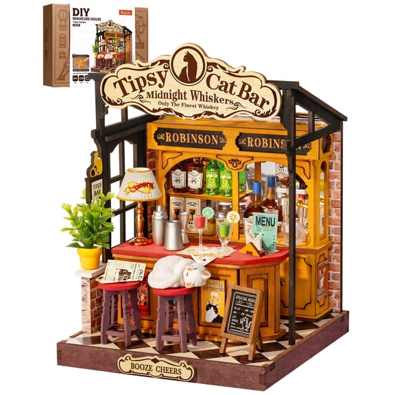 Robotime DIY Miniature Dollhouse Kit, Tipsy Cat Bar Mini house Model Kit for Adults to Build, Tiny House 3D Puzzle Craft Kit for Home Decor, Gifts for Adults Teens