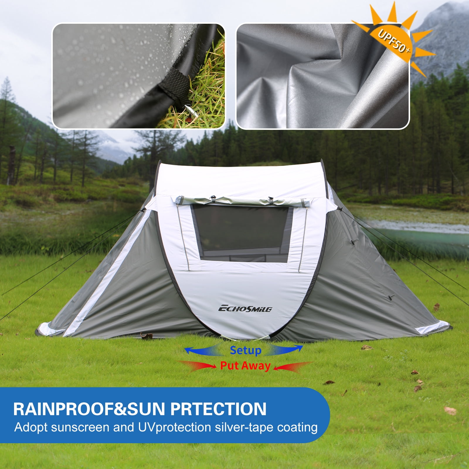 E-Western 2 Person Pop Up Camping Tent - Water Resistant, Quick Setup, Light & Spacious Family Tent for Outdoor Camping and Travel