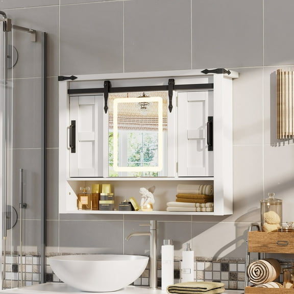 Linnnzi Farmhouse Vanity Medicine Cabinet with Dimmable Led Mirror Touch Control, Wall-Mounted Bathroom Cabinet with Sliding Barn Door, 2 Storage Cabinets