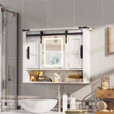 Kleankin Wall Mounted Bathroom Mirror Cabinet With LED Light – White, 90x70x15cm, 3 Shelves