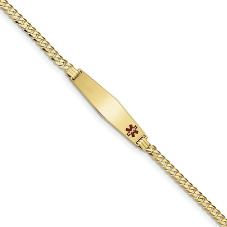 Non Enameled Medical Id Curb - 14K Medical Soft Diamond Shape Red Enamel Flat Curb Link ID Bracelet
