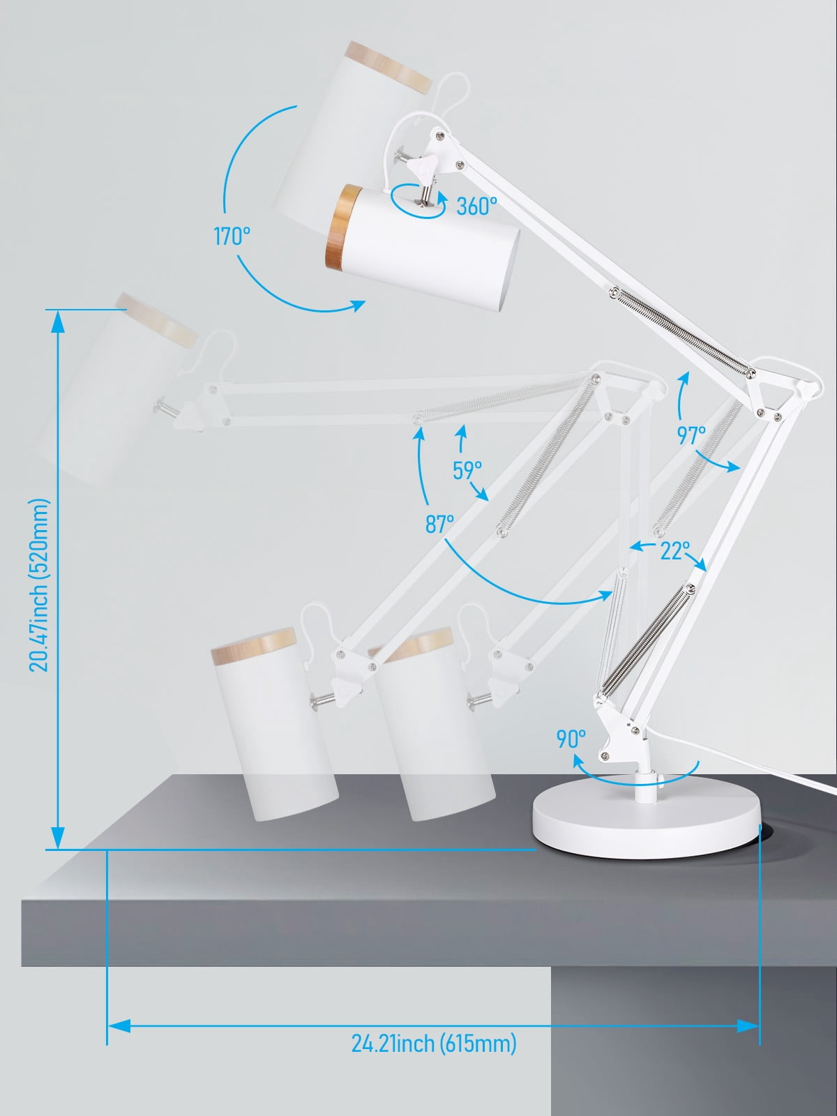 2 Pack Adjustable Metal Table Lamp, Large Size Max Height 29.7", E26 Base, Swing Arm Desk Light with Wooden Accent, White