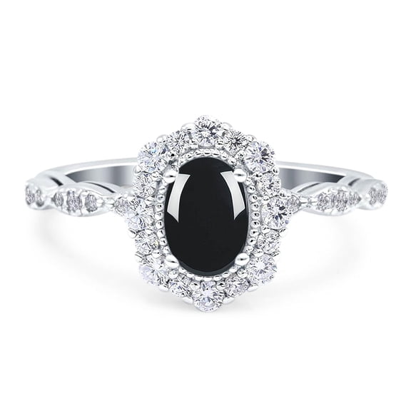 Natural Black Onyx Size-5 Art Deco Oval Floral Vintage Rings Cluster Halo CZ Wedding Engagement Ring For Women 925 Sterling Silver Gifts For Her