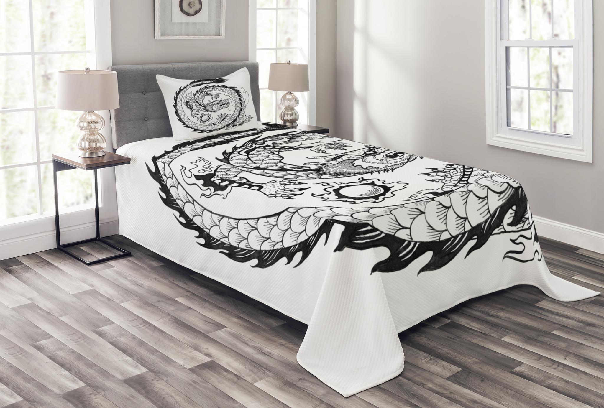 Dragon Bedspread Set, Ethnic Asian Japanese Swirled Dragon Pattern Folk