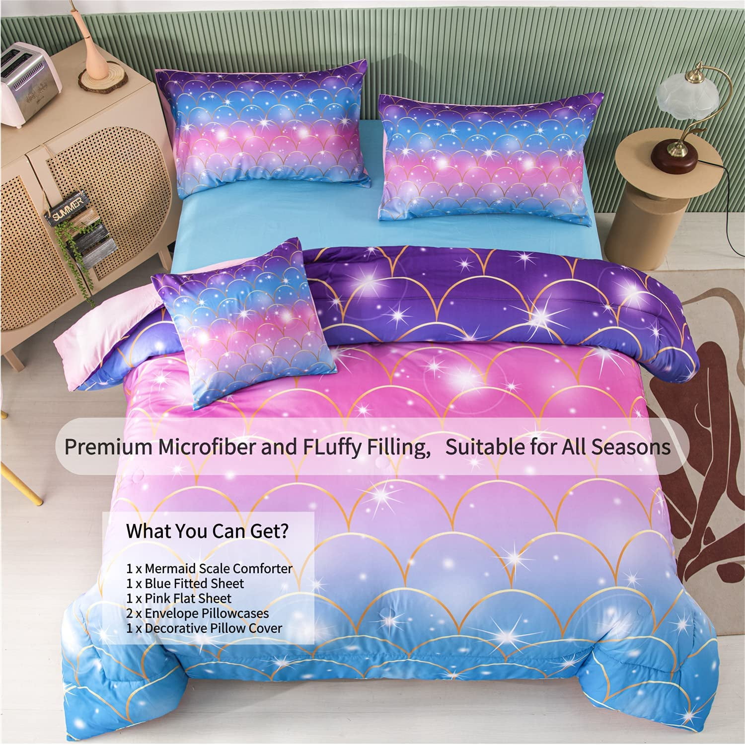 Details about   Girls Mermaid Pusheen Coral Reversible Comforter Set with Sparkle Ink 