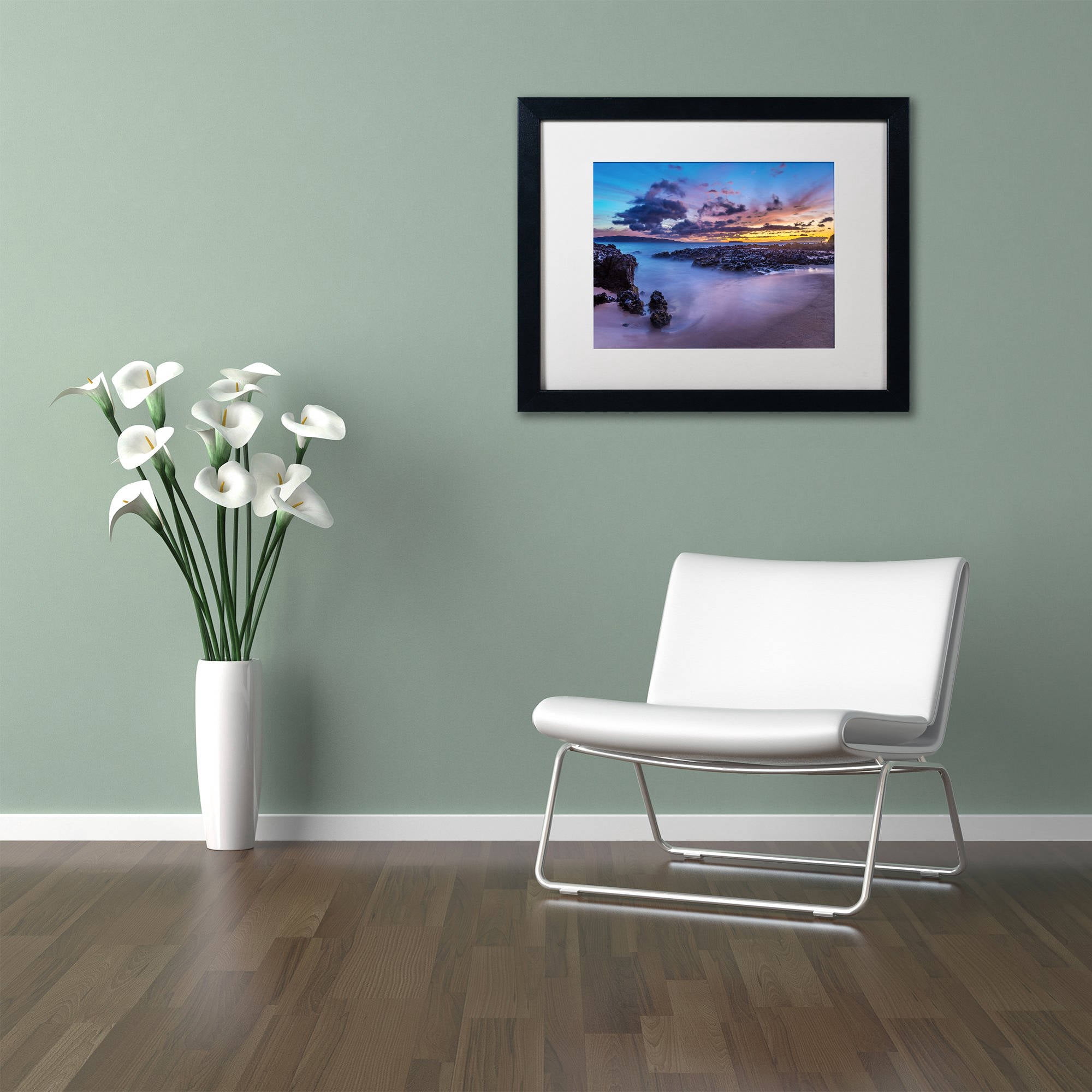 Trademark Fine Art 'Beach at Dusk' Canvas Art by Pierre Leclerc, White Matte, Black Frame