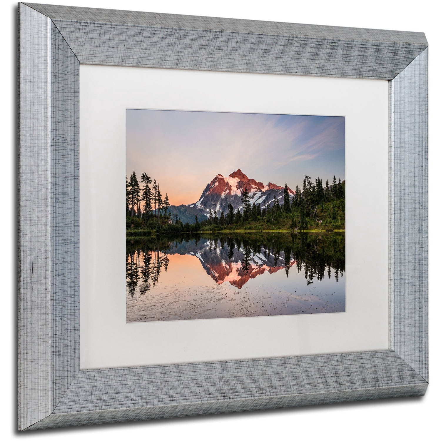Trademark Fine Art 'Picture Lake Dusk' Canvas Art by Pierre Leclerc, White Matte, Silver Frame