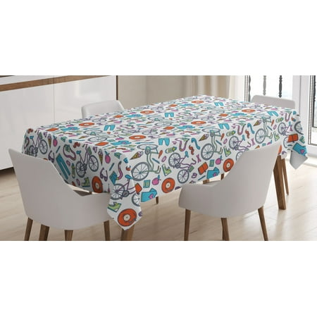 

Bicycle Tablecloth Hipster Lifestyle Objects of Bicycle Camera Vinyl Record Ice-Cream Apple Moustache Rectangular Table Cover for Dining Room Kitchen 60 X 84 Inches Multicolor by Ambesonne