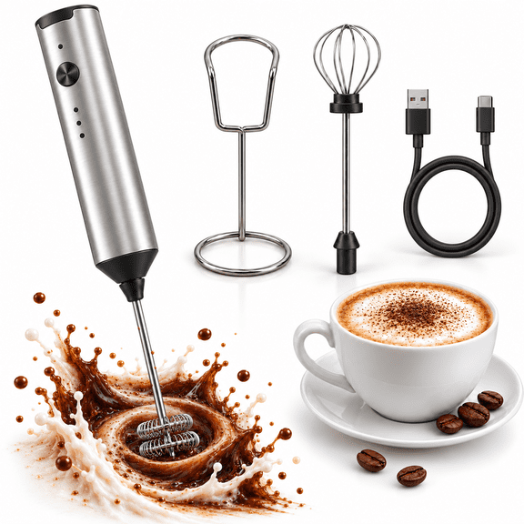 Icreopro Rechargeable Handheld Milk Frother with Stand, 3-Speed Electric Coffee Frother, 2 Stainless Steel Whisks, Usb-C, Silver