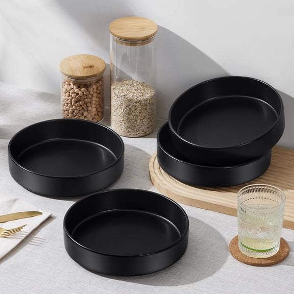 Pasta Bowls Set of 4-35oz Shallow Ceramic Bowl Plates for Serving Dinner, Soup & Salad | Stoneware Pasta Plates | Microwave & Dishwasher Safe | Matte Black