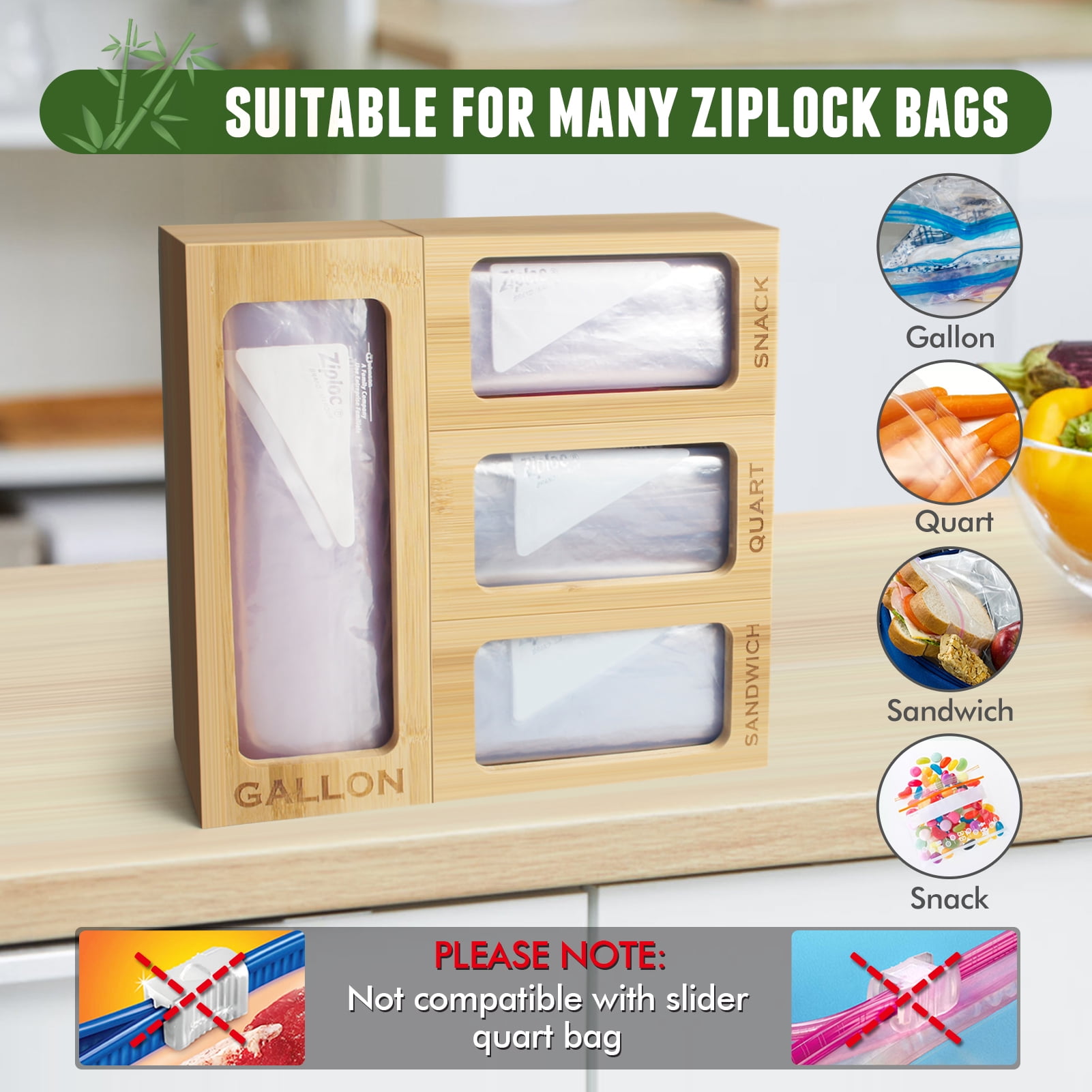 Dropship Ziplock Bag Organizer Zip Lock Bag Organizer Dispenser For Pantry- Bamboo Kitchen Drawer Container Suitable For Gallon; Quart; Sandwich;  Snack; Food Storage Bag Organizer Holder(5 Slot) to Sell Online at a Lower