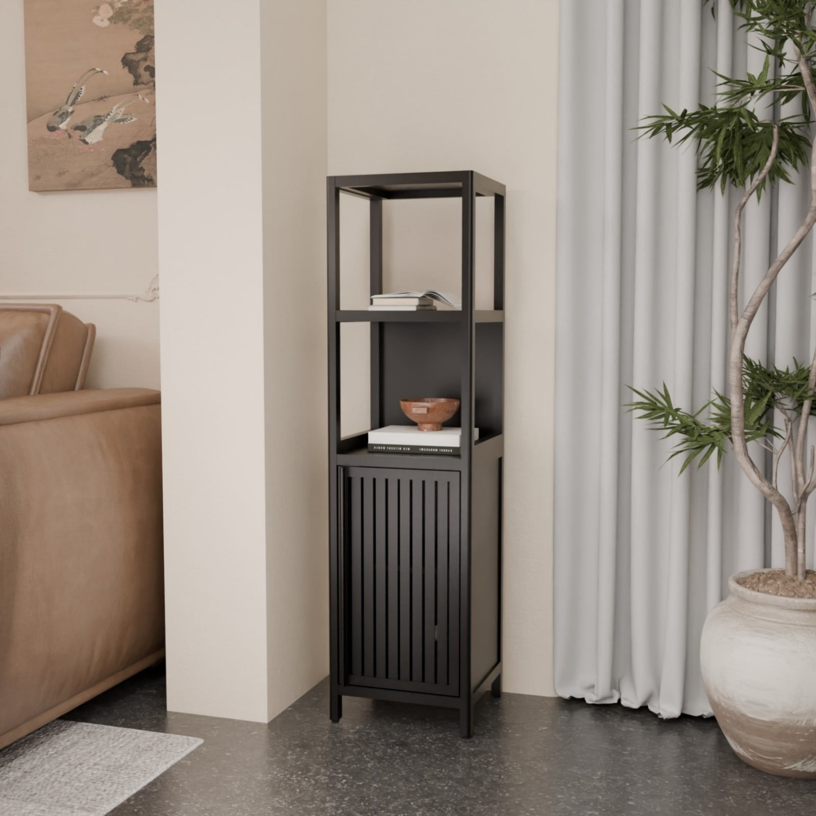 52" Bamboo Linen Tower Storage Cabinet, Bathroom Organizer with Doors & Open Shelves, Narrow Space-Saving Tall Cabinet, Black