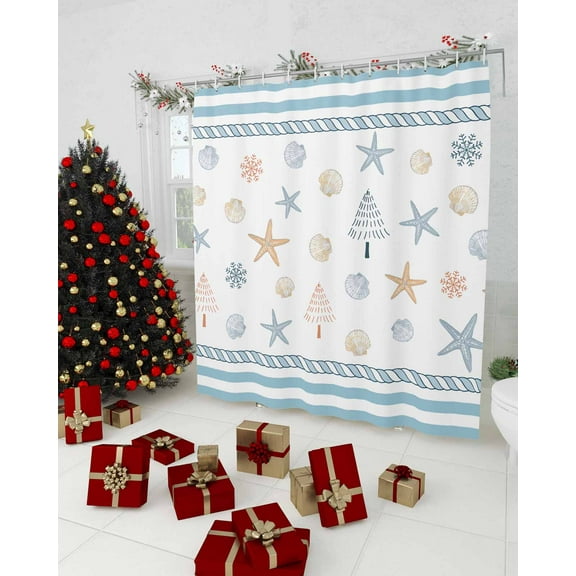 Coastal Christmas Shower Curtain, Xmas Tree Starfish Beach Blue Striped Waterproof Washable Boho Funny Cute Shower Curtains Set for Bathroom Farmhouse Bathtubs Decor with Hook, 72"Wx72"L