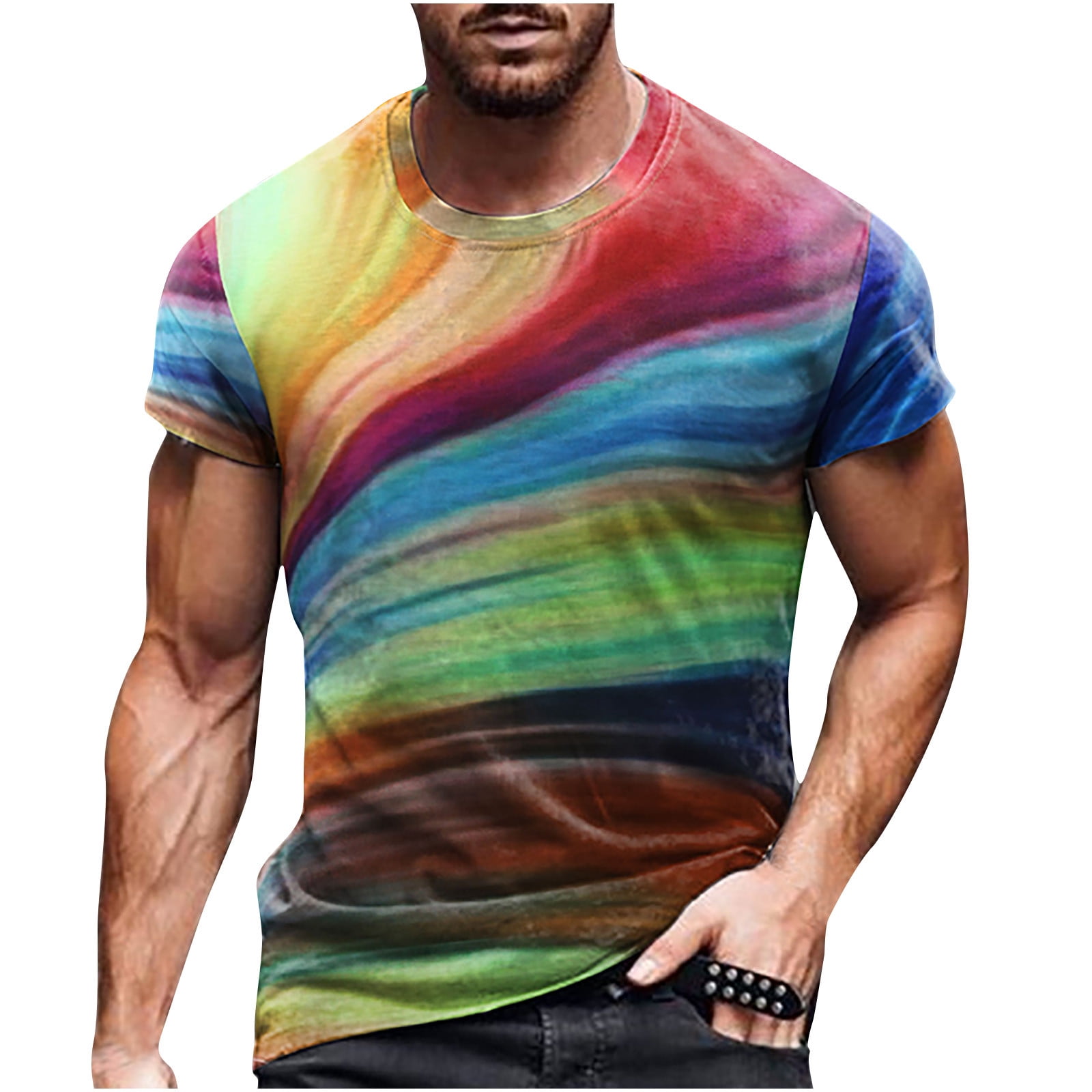 VSSSJ Men Daily T Shirts Plus Size 3D Digital Print Short Sleeve Crew Neck  Casual Top Trendy Stretchable Street Style Muscle Pullover Tee Red L