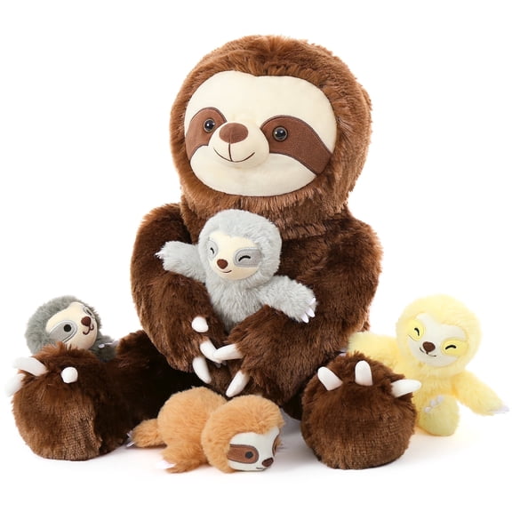 MorisMos 24" Sloth Stuffed Animal Mommy Sloth Plush Toy with 4 Baby Plush Toys
