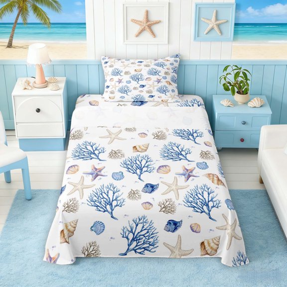 Manfei Watercolor White Seashell Starfish Coral Twin Sheet Sets for Kids Boys and Girls, Marine Life Print Bedding 3pcs, 1 Flat Sheet, 1 Fitted Sheet and 1 Pillowcase