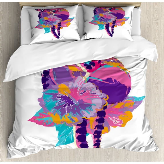 Lemur Duvet Cover Set King Size, Abstract Wild Madagascar Monkeys Hibiscus Flowers in Colors, Decorative 3 Piece Bedding Set with 2 Pillow Shams, Pink Violet Orange and Indigo, by Ambesonne