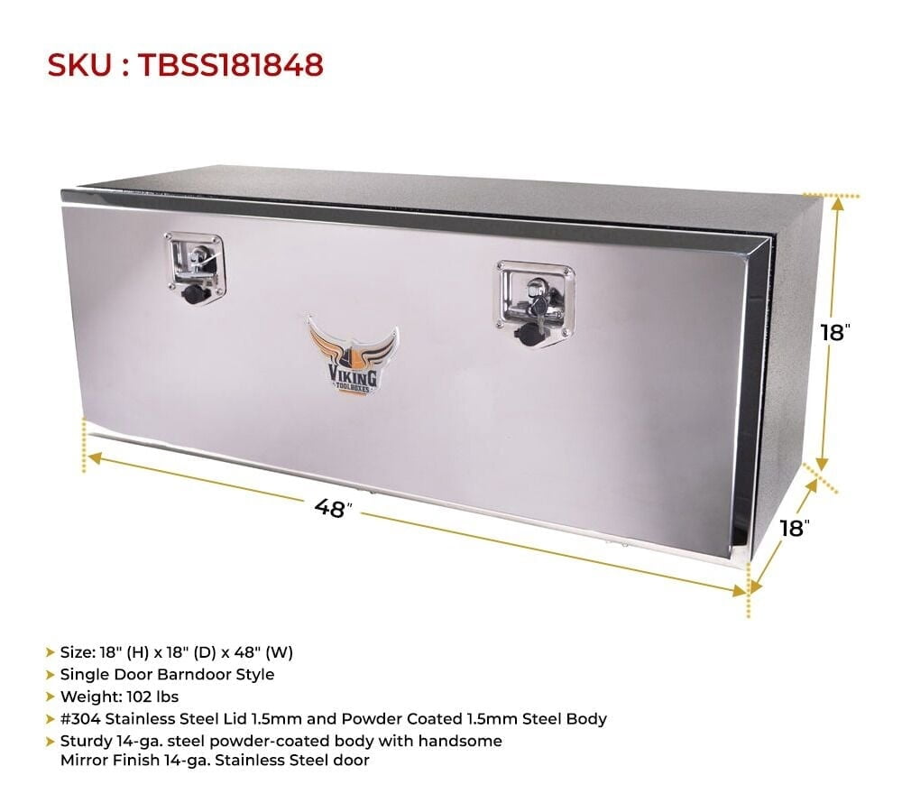 (2 Pack) 18"x18"x48" Steel Flatbed Trailer Underbody Tool Box with Mirror Finish Barndoor Style Single Door & T-Handle Latch Lock - Heavy Duty Side Mount Tool Box for Trailer & Semi Truck