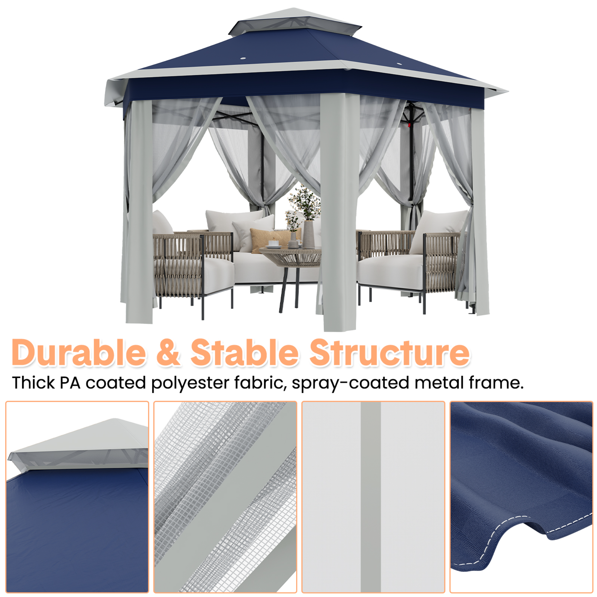 COZONY Hexagonal Pop-Up Gazebo with Mosquito Net & Vented Roof, Adjustable Height Sun Shelter for Patio, Garden, Backyard, Blue
